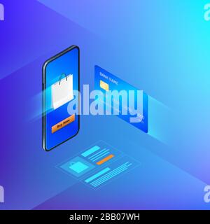 Servizio online bancario in app mobile. Trasferimento di denaro o concetto di shopping su internet. Carta di credito e telefono cellulare. Banner isometrico vettoriale Illustrazione Vettoriale