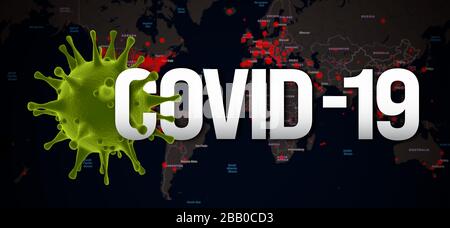 Pandemic COVID-19 3d render Concept: I tentacoli del coronavirus che avvolgono il testo di Covid-19 su una mappa del mondo sfocata con i paesi infetti. Covid-19 intorno al wor Foto Stock