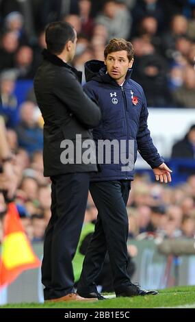 Il manager di Tottenham Hotspur Andre Villas-Boas (a destra) parla con il manager di Everton Roberto Martinez sulla linea di contatto Foto Stock