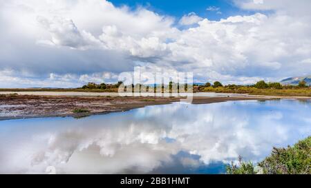 Le nuvole si riflettono nelle zone umide di Don Edwards National Wildlife Refuge, South San Francisco Bay Area, Alviso, San Jose, California Foto Stock