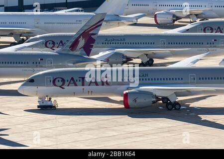 Qatar Airways Boeing 787-9 Dreamliner Aircraft sono visti immagazzinati all'aeroporto di logistica della California del sud il venerdì, 10 gennaio 2020 a Victorville, California, Stati Uniti. (IOS/ESPA-Images) (Foto di IOS/Espa-Images) Foto Stock