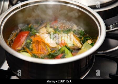 Zuppa cinese di hot pot con peperoni, carote, bok choy e pollo bollendo in una padella sulla stufa. Foto Stock