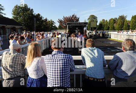 Racegoers dai un'occhiata ai cavalli nel recinto dei vincitori al Lingfield Park. Foto Stock