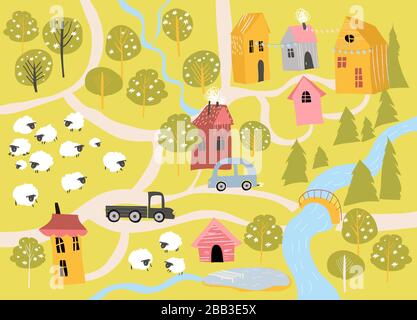 Piccolo villaggio carino con alberi di fiori in stile cartone animato Illustrazione Vettoriale