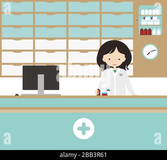 Illustrazione cartoon di un venditore o medico in una farmacia con cassetti e vetrine per medicinali e tablet. Orologio semplice a parete, computer Illustrazione Vettoriale