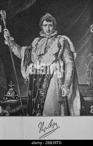 Napoleone Bonaparte, imperatore Napoleone i, 15 agosto 1769 - 5 maggio 1821, era un generale francese, dittatore rivoluzionario e imperatore dei francesi, qui nella regalia dell'incoronazione / Napoleone Bonaparte, Kaiser Napoleone I., 15. Agosto 1769 - 5. Mai 1821, guerra ein französischer Generale, revolutionärer Diktator und Kaiser der Franzosen, hier im Krönungsornat, Historisch, digitale migliorata riproduzione di un originale dal 19th secolo / digitale Reproduktion einer Originalvorlage aus dem 19. Jahrhundert Foto Stock