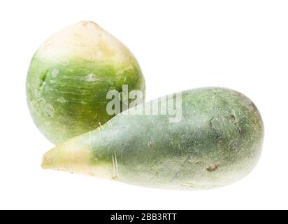 Coppia di lobo verde fresco (margelan) ravanello isolato su sfondo bianco Foto Stock