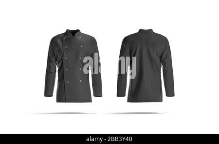 Giacca nera vuota da chef con bottoni mockup, fronte e retro Foto Stock