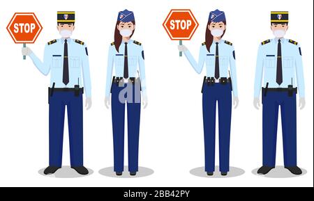 Concetto di polizia e quarantena. Coppia di poliziotto e poliziotto francesi in uniformi tradizionali e maschere protettive in piedi insieme su bianco Illustrazione Vettoriale