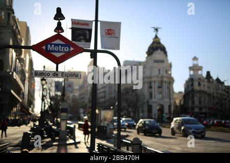 Banco de España Metro Sign in Madrid, Spain Foto Stock