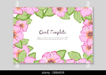 Modello di biglietto di auguri decorato con motivi floreali, decorazione di fiori di dogrose. Illustrazione del vettore Illustrazione Vettoriale