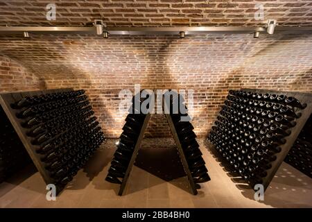 Spumante, cantina a Traiskirchen vicino a Vienna, Thermenregion, Austria Foto Stock