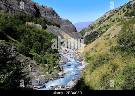 Valle del fiume Rio Ascenscio, Parco Nazionale Torres de Paine, Regione Magallanes, Patagonia, Cile, Sud America Foto Stock