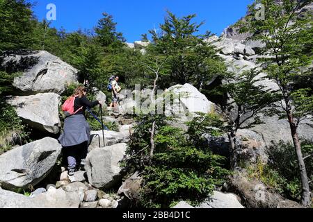 Camminatori lungo la valle del Rio Ascendente, Parco Nazionale Torres de Paine, Regione Magallanes, Patagonia, Cile, Sud America Foto Stock