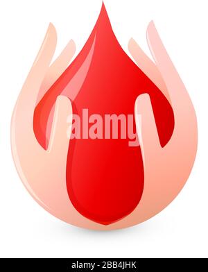 Due mani tenere goccia di sangue rosso, donazione di sangue, astratto vettore logo. Illustrazione Vettoriale