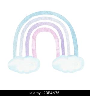 Abstract bambini acquerello arcobaleno e nuvole, clipart con dipinto a mano colore pastello boho arcobaleno. Illustrazione di arte del vivaio in stile scandinavo alla moda Foto Stock