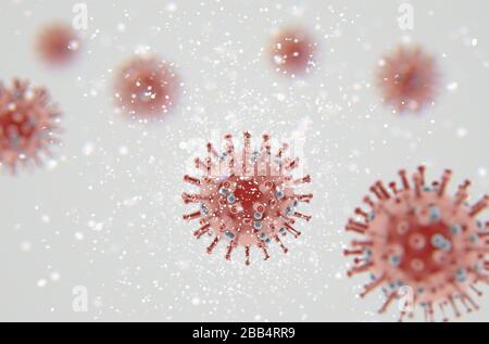 Una vista ravvicinata microscopica delle particelle di coronavirus rosso aerodisperse - resa 3D Foto Stock