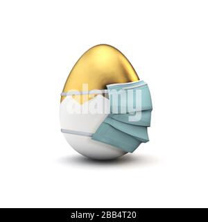 Uovo di Pasqua con maschera chirurgica. Coronavirus concetto di pasqua. Rendering 3D Foto Stock