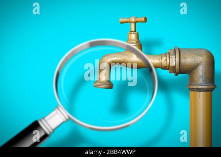 Ricerca acqua - concetto immagine con un dettaglio di un vecchio rubinetto in ottone acqua isolato su sfondo di colore solido visto attraverso una lente d'ingrandimento Foto Stock