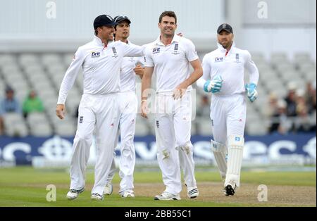 James Anderson dell'Inghilterra celebra il wicket di Brad Haddin Foto Stock