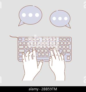 Mani che digitano su computer moderno tastiera vettore cartone animato illustrazione con bolle di voce. Mani di utente, fare affari, datazione in linea, chiacchierare, concetto di profilo di comunicazioni di fotoricettore. Illustrazione Vettoriale