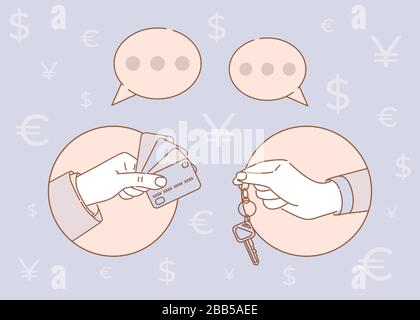 Mutuo ipotecario, auto a noleggio, casa o vettore di appartamento cartone animato illustrazione con bolle di parlato e segni di denaro di diversi paesi sullo sfondo. Mani in cornici rotonde che tengono le chiavi e le carte di credito. Illustrazione Vettoriale