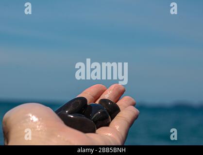 Bellissimi massi lungo la spiaggia hanno bordi arrotondati. Black Onyx segue la ricerca geologica sul mare. Raccolto in mano umida e fredda Foto Stock