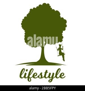 Modello di scheda vettoriale Lifestyle. Silhouette di una ragazza che oscilla su un'oscillazione legata all'albero. Centro ricreativo, campeggio estivo, vacanze estive e fine settimana, divertente banner all'aperto concetto. Illustrazione Vettoriale