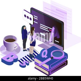 Studiare le lingue online. Istruzione inglese. Vettore isometrico straniero imparare, studente con vocabolario corsi online illustrazione Illustrazione Vettoriale