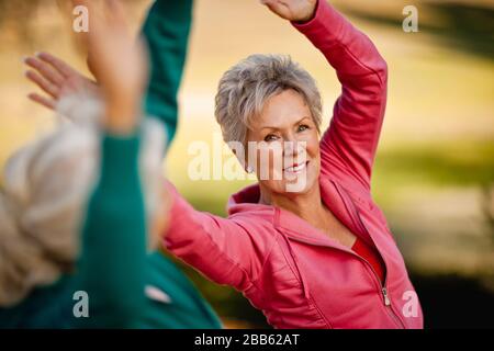 Ritratto di una sorridente donna senior facendo esercizi di stretching con il suo amico. Foto Stock