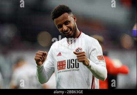 Il Lys Mousset di Sheffield United festeggia a tempo pieno con i fan Foto Stock