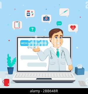 Consulenza medica online e supporto. Medico online. Illustrazione del vettore. Illustrazione Vettoriale