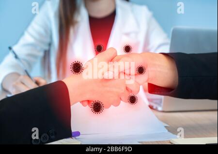 Il virus corona covid19 scuotendo le mani le persone scuotendo le mani e avendo un virus a portata di mano divieto Foto Stock