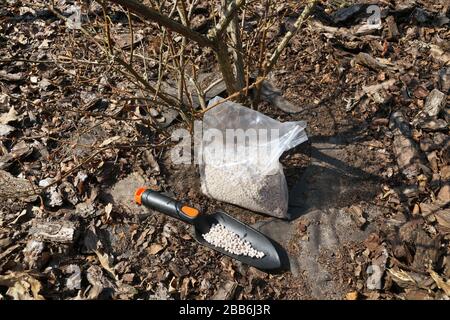 Inizio primavera. Fertilizzazione vegetale. Borsa in alluminio con fertilizzante e una piccola pala da giardinaggio. Foto Stock