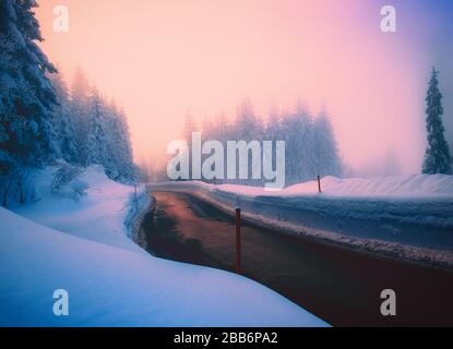 Strada attraverso un paesaggio invernale innevato, Svizzera Foto Stock