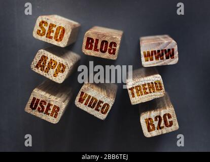 SEO blog video app www B2C parole su blocchi di legno. Concetto di vendita del Internet di ottimizzazione di Search Engine Foto Stock