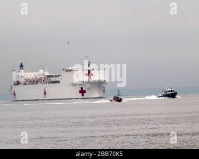 New York, New York, Stati Uniti. 30th Mar, 2020. L'Ospedale Ship USNS Comfort arriva a New York. La navigazione USNS Comfort sotto il ponte Verrazano Narrows procede quindi per superare la Statua della libertà fino al molo 90 sul Westside of Manhattan Credit: Bruce Cottler/Globe Photos/ZUMA Wire/Alamy Live News Foto Stock