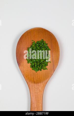 Mestolo di legno con erbe e spezie verdi Foto Stock