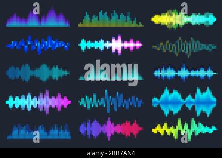 Raccolta di onde sonore colorate. Segnale audio analogico e digitale. Equalizzatore musicale. Registrazione vocale con interferenze. Onde radio ad alta frequenza. Vettore Illustrazione Vettoriale