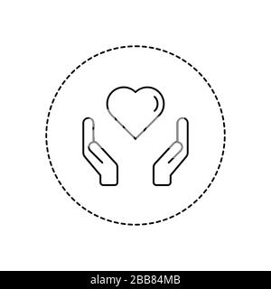 Mani che tengono l'icona della linea cardiaca in un cerchio. Simbolo di amore e cura. Concetto di carità o solidarietà su sfondo bianco. Contorno del segnale Heart in Hands. Illustrazione Vettoriale