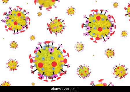 Concetto di malattia del coronavirus microscopico su sfondo rosa. Giallo rosso microscopico 3D molecola modello di virus influenzale. Foto Stock