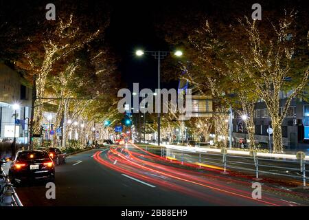 Traffico in città di notte durante il natale Foto Stock
