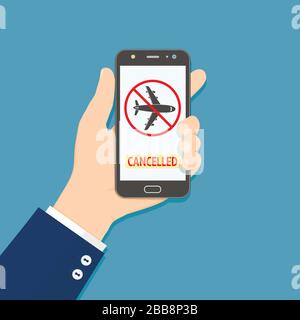 Volo annullato. Smartphone con tenuta di mano con informazioni sul volo annullate Illustrazione Vettoriale