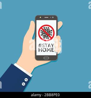 Smartphone con funzione di mantenimento della mano e hashtag "resta a casa" sullo schermo Illustrazione Vettoriale
