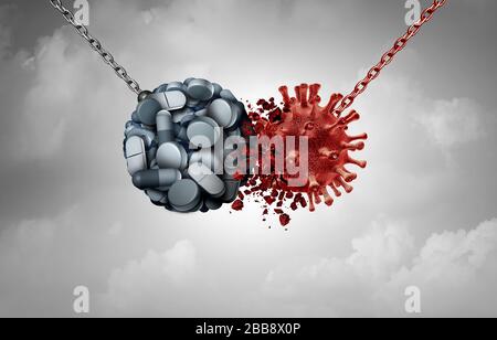 Cura farmaceutica e trattamento del virus o vaccino della malattia per un'infezione virale o trattamento di focolaio di coronavirus con farmaci da prescrizione. Foto Stock