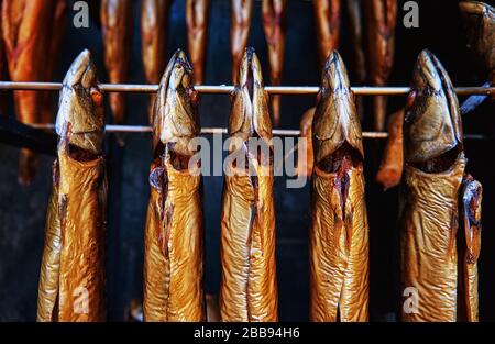 Deliziosi sgombri appena affumicato cibo. Scomber scombro. Foto Stock