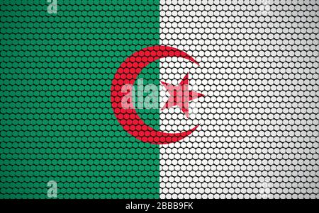 Bandiera astratta dell'Algeria fatta di cerchi. Bandiera algerina verde bianca e rossa con stella rossa e luna al centro progettata con cerchi colorati che danno Illustrazione Vettoriale