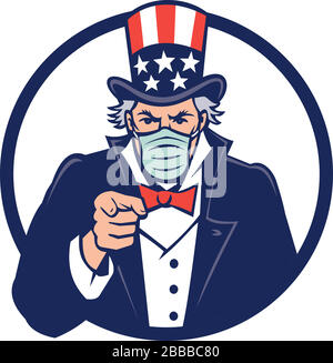 Icona mascot illustrazione di American Uncle Sam, personificazione nazionale del governo degli Stati Uniti, indossando una maschera chirurgica, indicando il visore i Illustrazione Vettoriale