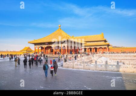 Pechino, Cina - 9 gennaio 2020: La Sala dell'armonia Centrale situata tra la Sala dell'armonia Suprema e la Sala dell'armonia preservata. Questi tre, k Foto Stock