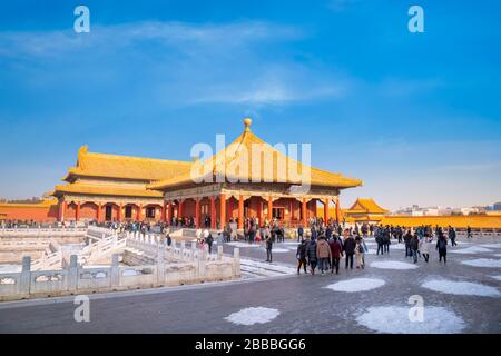 Pechino, Cina - 9 gennaio 2020: La Sala dell'armonia Centrale situata tra la Sala dell'armonia Suprema e la Sala dell'armonia preservata. Questi tre, k Foto Stock